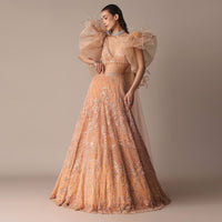 Peach Zardosi Lehenga With Dramatic Net Sleeves Blouse