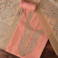 Peach Zari Embroidered Chanderi Top With Woven Banarasi Dupatta Unstitched Dress Material