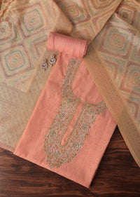 Peach Zari Embroidered Chanderi Top With Woven Banarasi Dupatta Unstitched Dress Material