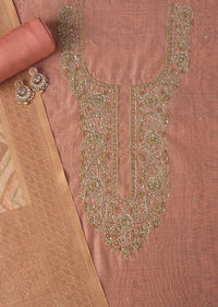 Peach Zari Embroidered Chanderi Top With Woven Banarasi Dupatta Unstitched Dress Material