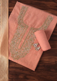 Peach Zari Embroidered Chanderi Top With Woven Banarasi Dupatta Unstitched Dress Material