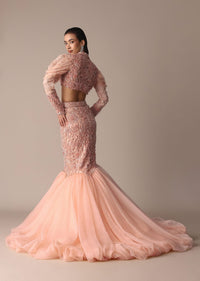 Peach Zardosi Fishcut Skirt With Embroidered Short Sleeve Jacket