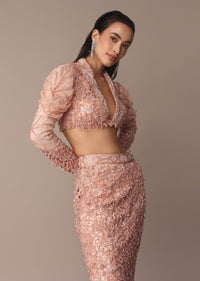 Peach Zardosi Fishcut Skirt With Embroidered Short Sleeve Jacket