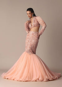 Peach Zardosi Fishcut Skirt With Embroidered Short Sleeve Jacket