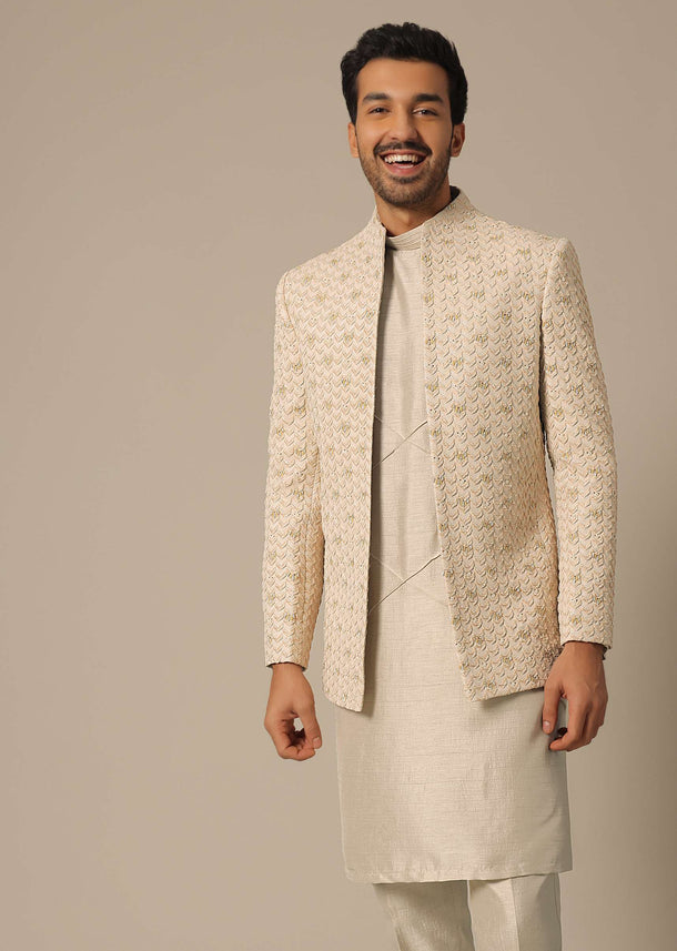 Peach Embroidered Jacket Set In Jacquard