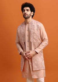 Peach Embroidered Kurta Jacket Set For Men