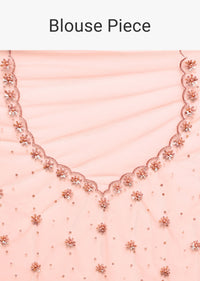 Powder Pink Embroidered Net Saree With Unstitched Blouse