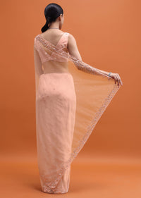 Powder Pink Embroidered Net Saree With Unstitched Blouse