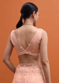 Powder Pink Embroidered Net Saree With Unstitched Blouse