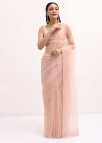 Peach Embroidered Organza Saree With Unstitched Blouse