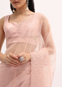 Peach Embroidered Organza Saree With Unstitched Blouse