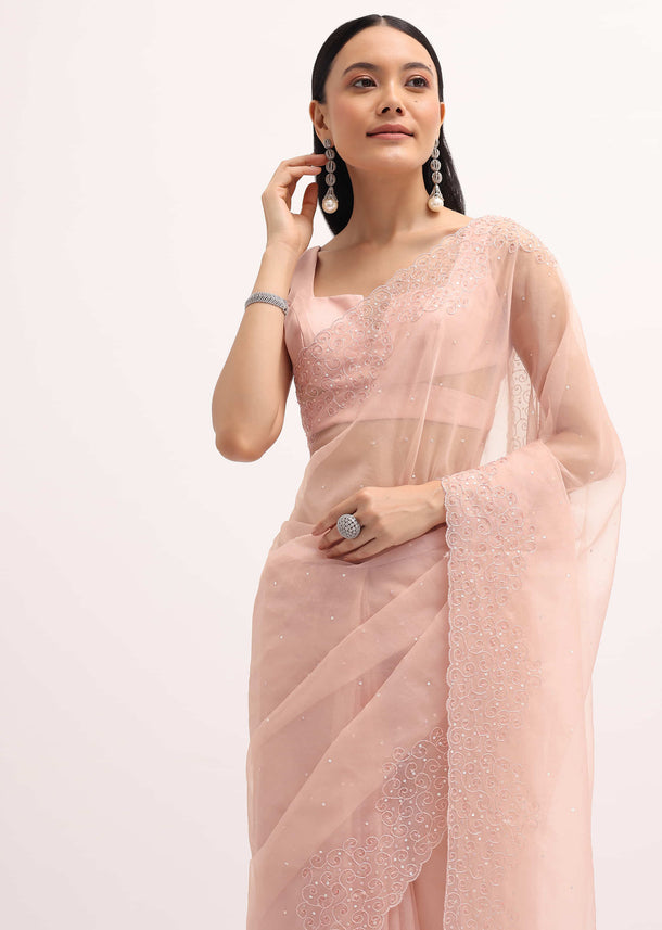 Peach Embroidered Organza Saree With Unstitched Blouse