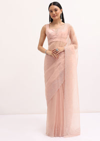 Peach Embroidered Organza Saree With Unstitched Blouse