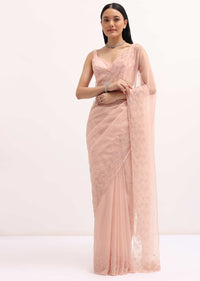 Peach Organza Embroidered Saree With Unstitched Blouse