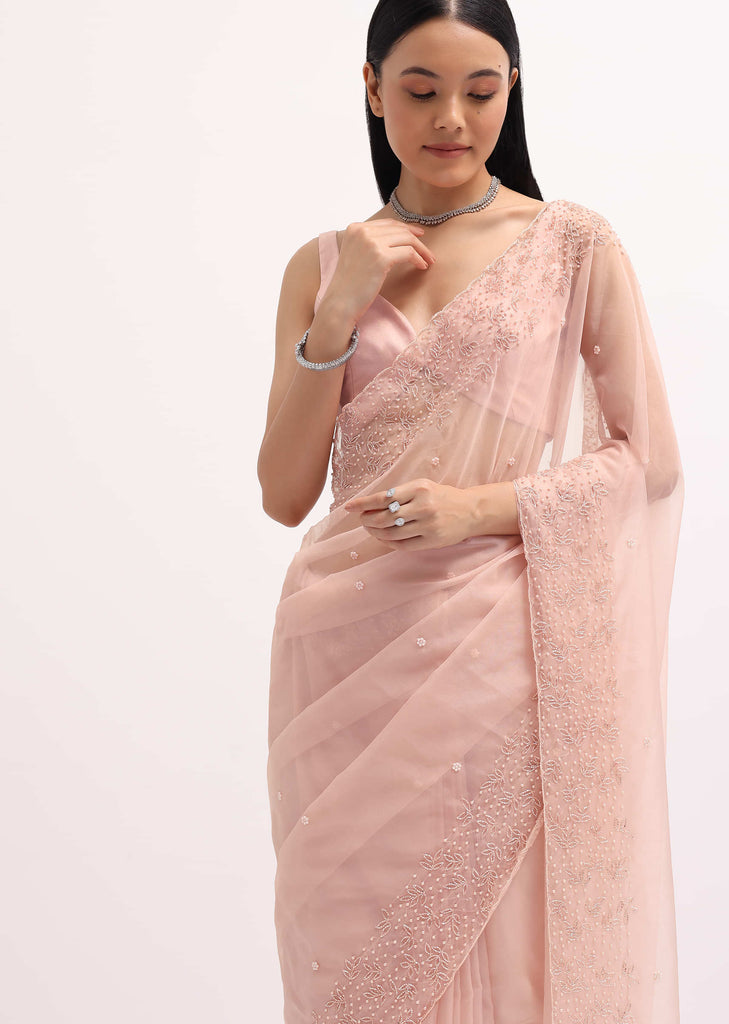 Peach Organza Embroidered Saree With Unstitched Blouse