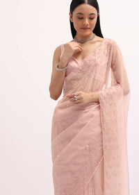 Peach Organza Embroidered Saree With Unstitched Blouse