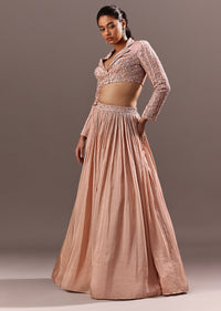 Peach Embroidered Ruched Lehenga With Collar Neck Blouse And Dupatta