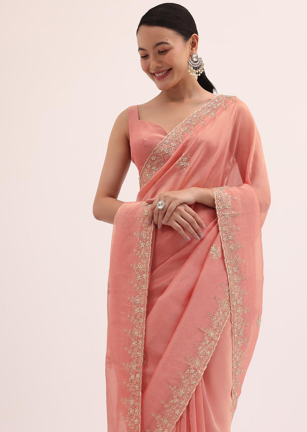 Peach Embroidered Tissue Saree With Unstitched Blouse