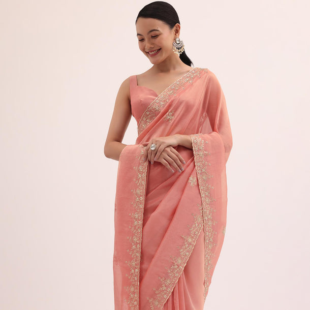 Peach Embroidered Tissue Saree With Unstitched Blouse