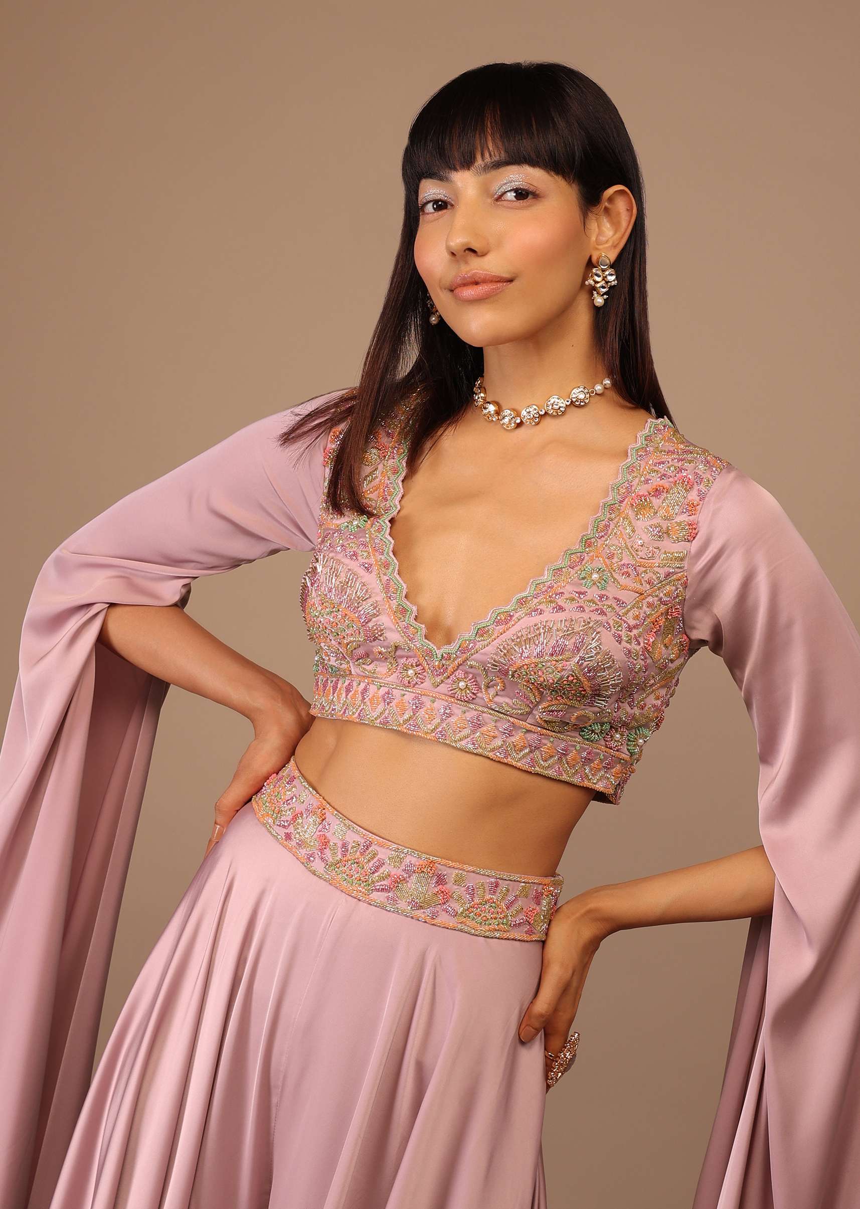 Peach Extended Cape Sleeved Hand Embroidered Crop Top With Organaza Palazzo