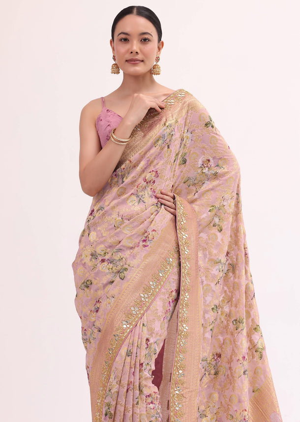 Peach Floral Georgette Saree With Unstitched Blouse