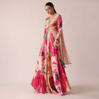 Peach Floral Print Anarkali Set With Mirror Work