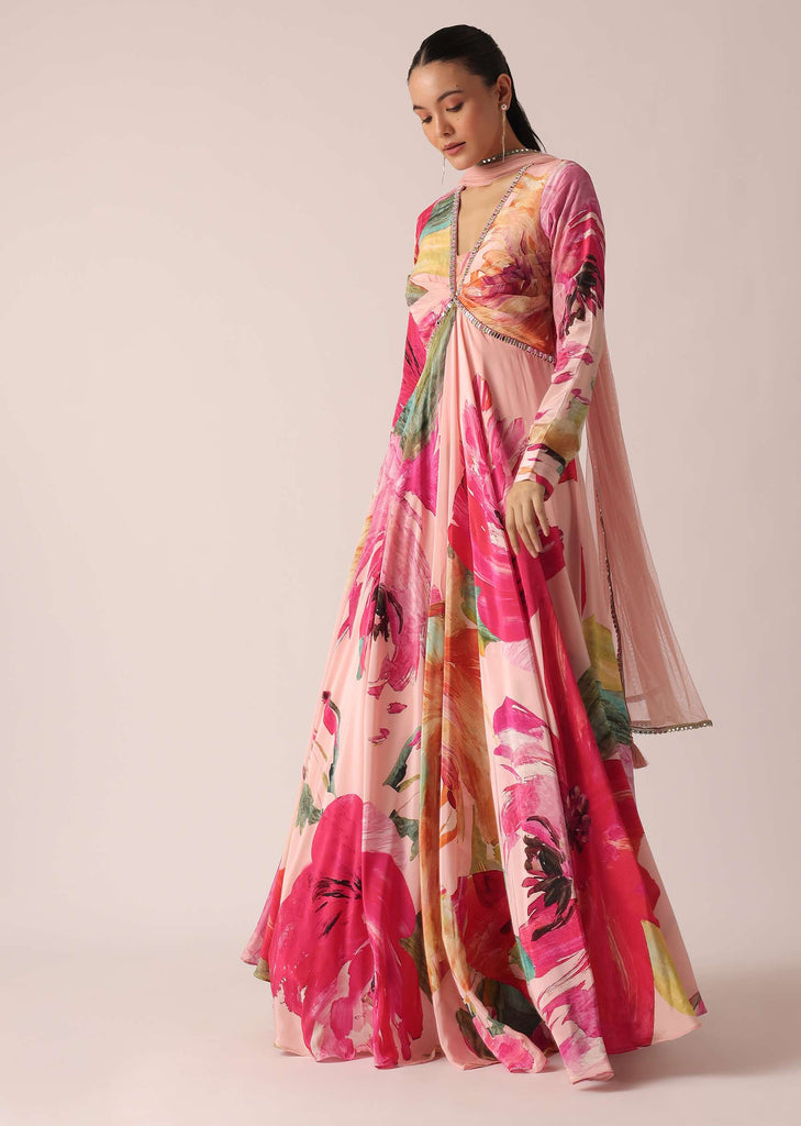 Peach Floral Print Anarkali Set With Mirror Work