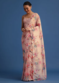 Peach Floral Printed Crushed Tissue Saree With Sequin And Mirror Work
