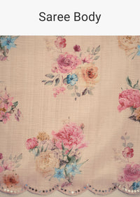 Peach Floral Printed Crushed Tissue Saree With Sequin And Mirror Work