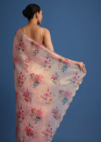 Peach Floral Printed Crushed Tissue Saree With Sequin And Mirror Work