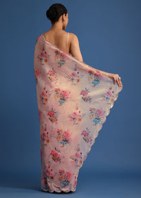 Peach Floral Printed Crushed Tissue Saree With Sequin And Mirror Work