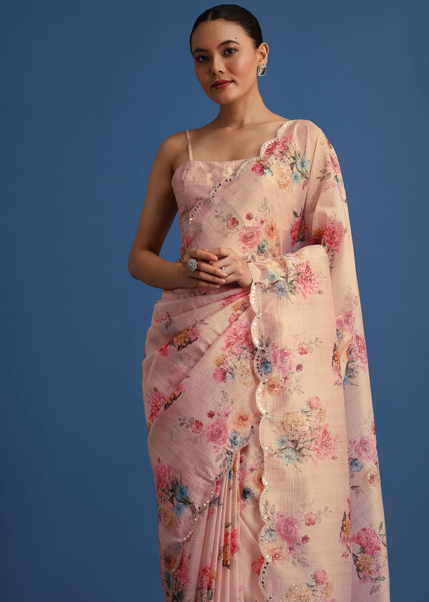 Peach Floral Printed Crushed Tissue Saree With Sequin And Mirror Work