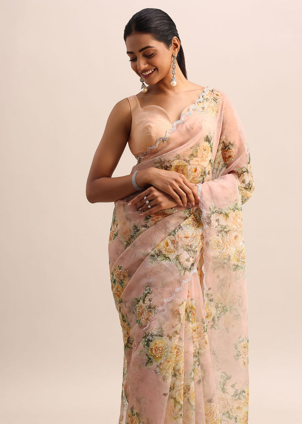 Peach Floral Printed Organza Saree With Sequin Border And Unstitched Blouse