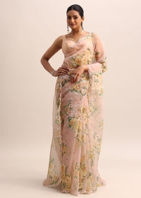 Peach Floral Printed Organza Saree With Sequin Border And Unstitched Blouse