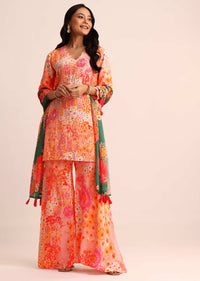 Peach Floral Printed Satin Kurta Sharara With Dupatta