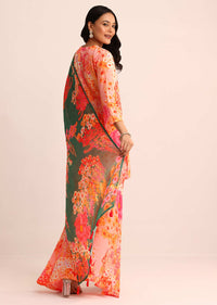 Peach Floral Printed Satin Kurta Sharara With Dupatta