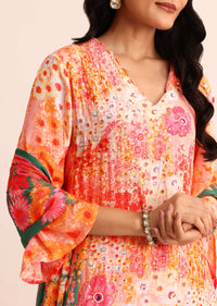 Peach Floral Printed Satin Kurta Sharara With Dupatta