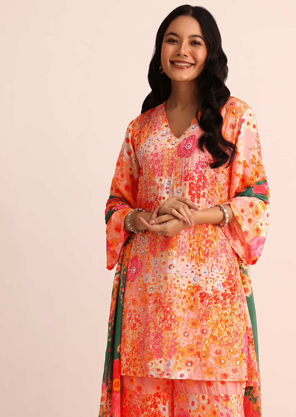 Peach Floral Printed Satin Kurta Sharara With Dupatta