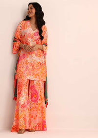 Peach Floral Printed Satin Kurta Sharara With Dupatta