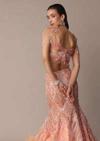 Peach Fish Cut Frill Lehenga Set With Trail Dupatta And Tassels