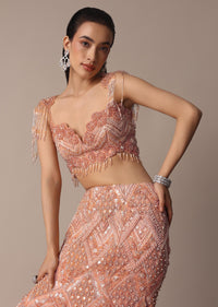 Peach Fish Cut Frill Lehenga Set With Trail Dupatta And Tassels