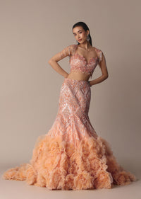 Peach Fish Cut Frill Lehenga Set With Trail Dupatta And Tassels