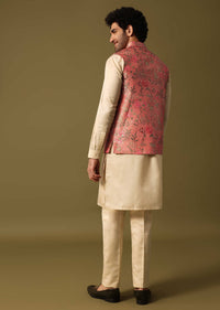 Peach Foil Printed Kurta Jacket Set For Men