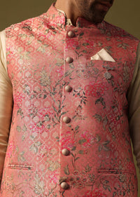 Peach Foil Printed Kurta Jacket Set For Men