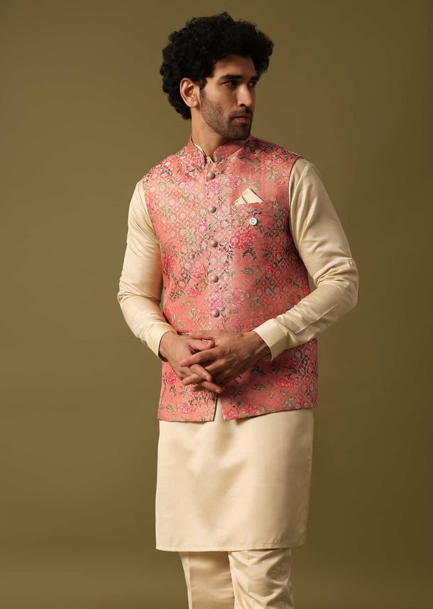 Peach Foil Printed Kurta Jacket Set For Men