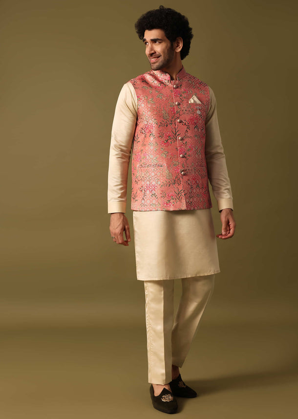 Peach Foil Printed Kurta Jacket Set For Men