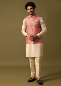 Peach Foil Printed Kurta Jacket Set For Men