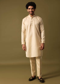 Peach Foil Printed Kurta Jacket Set For Men