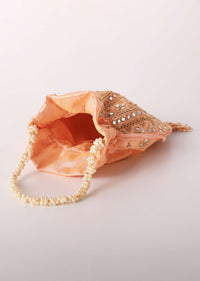 Peach Fuzz Mirror Work Silk Potli Pearl Handle