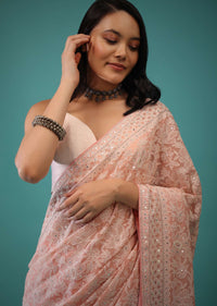 Peach Georgette Saree In Lucknowi Threadwork, Mirror Work Buttis All Over